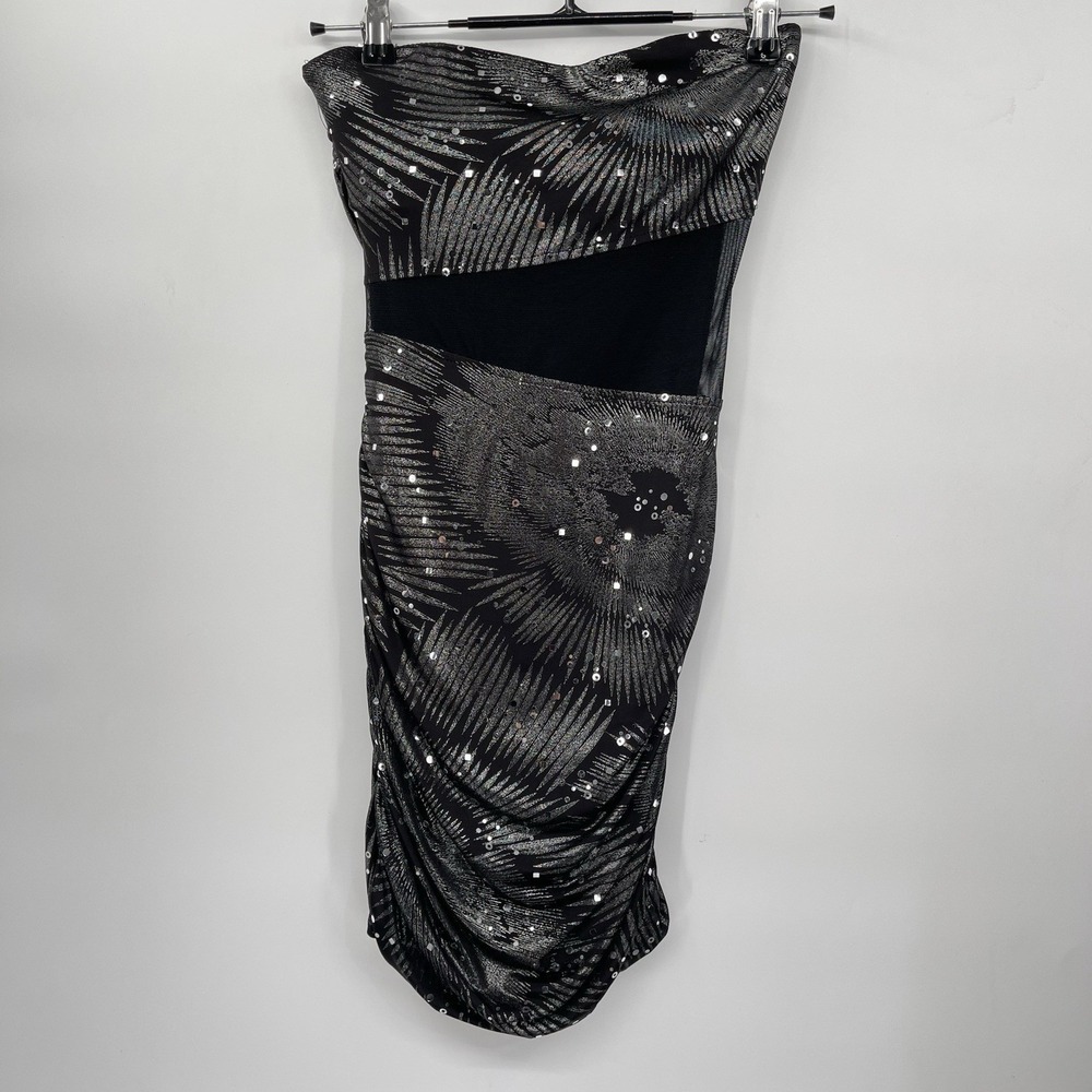 Taboo S Bodycon‎ Dress Womens Black Silver Sequin Mesh Cutout Ruched Strapless